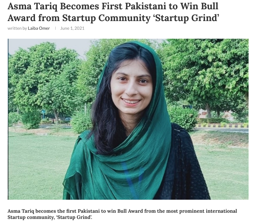 asma tariq wins bull award from startup grind